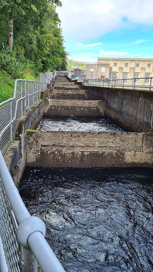 Looking up the stepped pools of the Pitlochry fish ladder